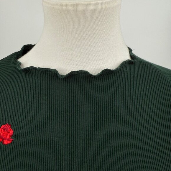 Heart & Hips Womens S Ribbed Green Dress W/ Rose Embroidery & Scalloped Hem - Picture 6 of 11